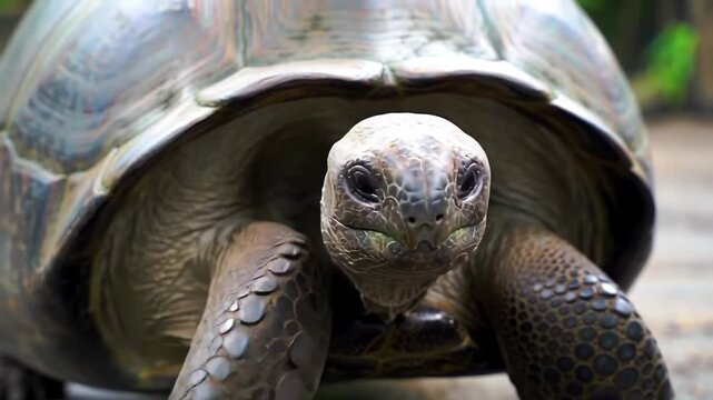 A  view of a large tortoise showcasing its textured carapace, wrinkled skin, and inquisitive eyes, providing a detailed depiction of its natural features and environment.