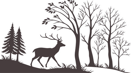 Silhouette deer in forest trees vector illustration nature wildlife animal woodland landscape design graphic art vector illustration