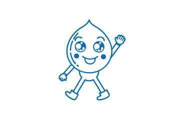 Blue droplet character waves hello, smiling with rosy cheeks and showing happiness