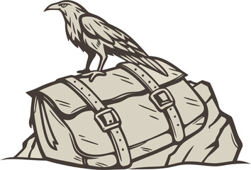 Illustration of raven bird perched on a bag luggage travel adventure baggage journey vacation trip package design vector illustration