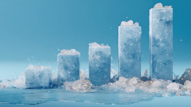 Stacked ice blocks of different heights resting against a blue backdrop, with melted fragments and small ice pieces surrounding them.