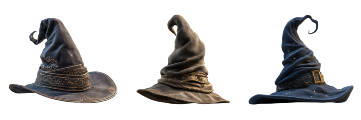 Three wizard hats with ornate bands isolated on a transparent background