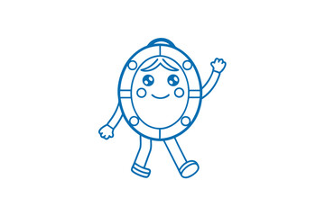 Blue line frame character walking, waving with a happy face on white