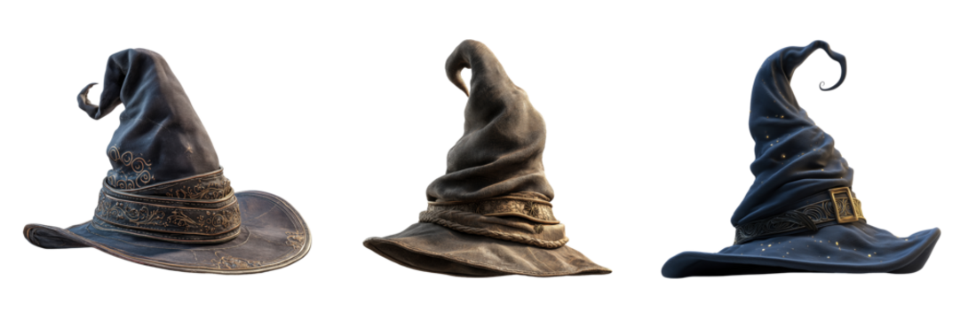 Three wizard hats with ornate bands isolated on a transparent background