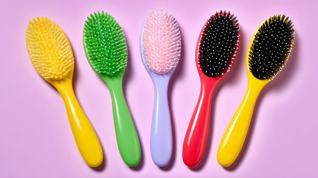 Row of five different colored hairbrushes. The colors are yellow, green, pink, purple, and black