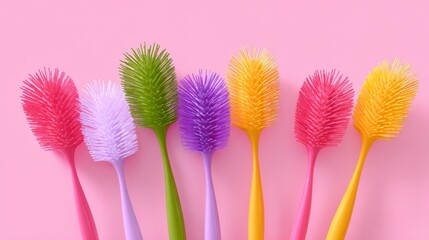 Row of colorful toothbrushes are lined up on a pink background. The toothbrushes are of different colors and sizes, creating a vibrant and cheerful scene. Concept of fun and playfulness