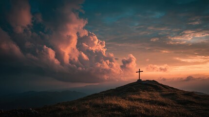 A cross is on top of a hill in the middle of a cloudy sky. The sky is a mix of pink and blue hues, creating a serene and peaceful atmosphere
