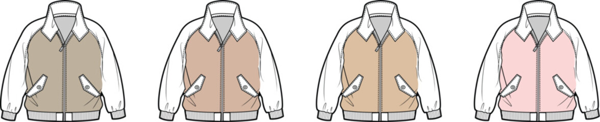 Vector flat illustrations of versatile bomber jacket designs in a palette of light and earthy colors, presented as editable fashion technical sketches for apparel mockups and design templates
