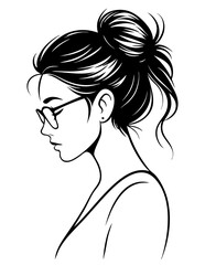 An Elegant Illustration of a Young Woman with a Stylish Hair Bun, Wearing Glasses 