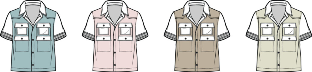 Collection of Four Short-Sleeved Shirts in Different Pastel Colors, Showcasing Casual Wear Options