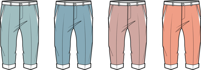 Set of women's capri pants in multiple colors, a fashion flat sketch vector illustration concept for apparel design
