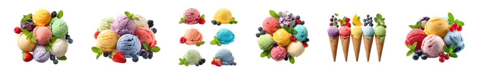 Assortment of delicious ice cream scoops and waffle cones.