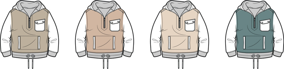 Set of men's outerwear apparel flat sketches featuring a hooded anorak pullover with multiple color mockups for a fashion collection