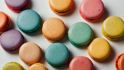 Geometric arrangement of colorful macarons in a circle on a white background 