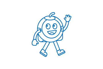 Cheerful blue line style apple mascot with smiling face is waving its hand