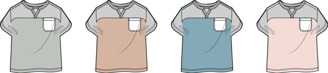 T-shirt design variations A set of four different colored t-shirts with a pocket on the chest
