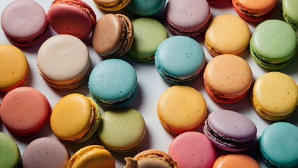 Geometric arrangement of colorful macarons in a circle on a white background 