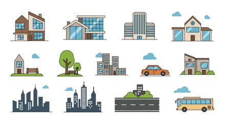 Collection of modern and traditional buildings cityscapes and transportation elements