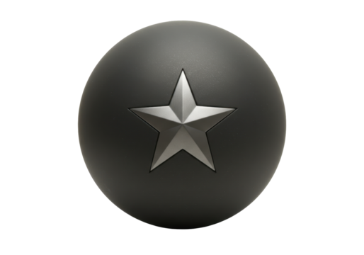 Isolated textured sphere with star graphic emblem in center, dark gray icon design concept