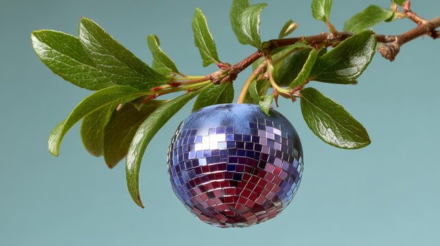 Blue disco ball is hanging from a leaf. The ball is surrounded by a blue and red pattern