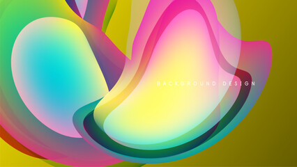 Abstract colorful shapes overlap, creating vibrant fluid design. Yellow, pink, green hues dominate dark background. Modern aesthetic.