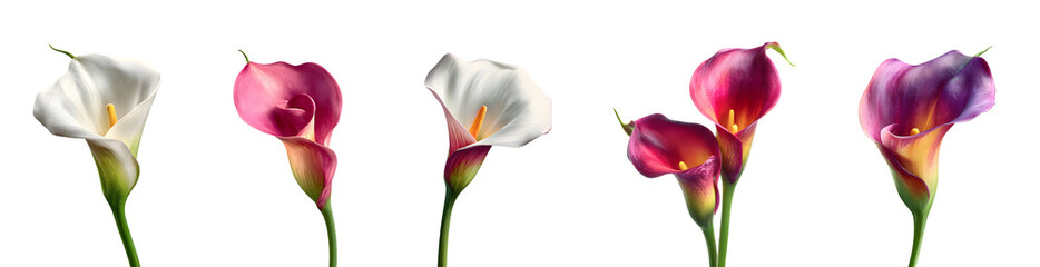 Row of elegant calla lily flowers isolated on white background.
