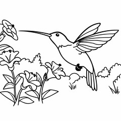 Obraz premium Hummingbird hovering near flowers in garden setting 