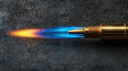 A close-up view showcases a torch emitting a vibrant blue and orange flame against a dark textured surface. The flame bursts from a metallic tip creating striking contrast.