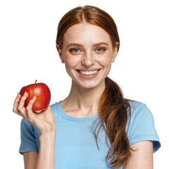 Happy Young Woman with Red Hair Smiling and Holding a Red Apple on Isolated transparent background