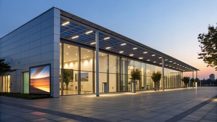 Obraz premium solar panel building integration Modern glass building illuminated at sunset with sleek architecture and surrounding greenery.