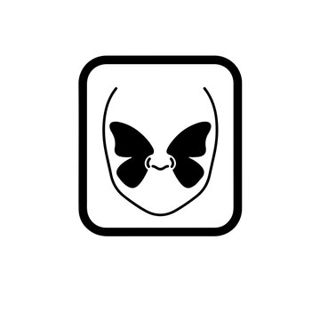 Black and white line icon illustrating a face with a distinct butterfly-shaped rash across the cheeks and nose (malar rash). A clear, medical symbol representing Systemic Lupus Erythematosus