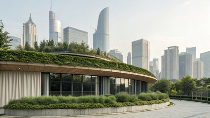 eco-friendly building 3D model Modern architectural structure with greenery, set against a skyline of towering skyscrapers.
