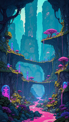 Dreamlike World Concept Art with Neon Lights and Enchanted Forest