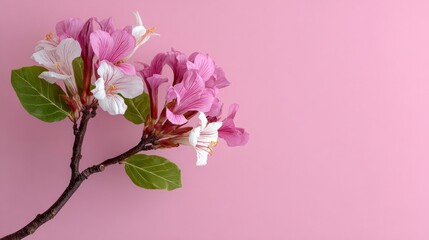 Pink and white flower with green leaves is on a pink background. The flower is the main focus of the image, and the pink background creates a soft and calming atmosphere