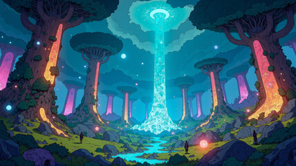 Alien Planet with Towering Glowing Trees and Energy Streams