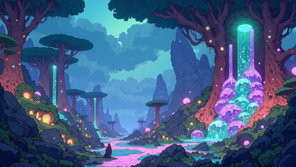 Dreamlike Bioluminescent Forest with Floating Lights and Rivers