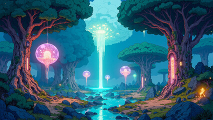 Sci-Fi Fantasy Landscape with Neon Trees and Crystal Waterfalls