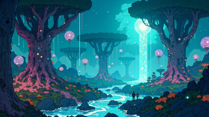 Fantasy Alien Forest with Glowing Trees and Floating Spheres