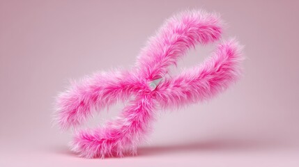 Pink feathery wig with a pink ribbon on it. The wig is pink and fluffy, and it looks like a pair of scissors