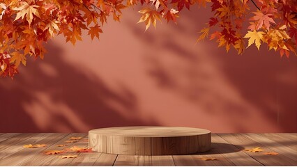 Autumn maple leaves on wooden table, isolated autumn product stand, beautiful.