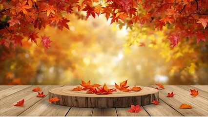 Autumn maple leaves on wooden table, isolated autumn product stand, beautiful.
