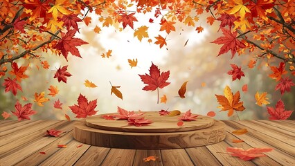 Autumn maple leaves on wooden table, isolated autumn product stand, beautiful.