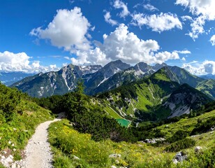 Obraz premium A winding trail descends toward a serene lake nestled amongst majestic, snow-dusted peaks under a bright, cloud-filled sky