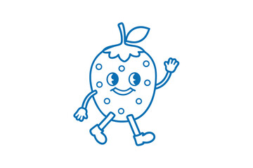 Animated blue strawberry character cheerfully walks while waving its hand in a friendly manner