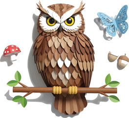 Cute cartoon brown owl character illustration on a tree branch in the night forest