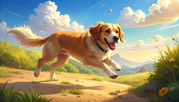 Golden Retrievers Joyful Run - A Sunny Day Adventure. - Powered by Adobe