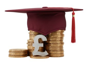 Isolated mortarboard atop coins with pound sterling, tuition or student debt financing