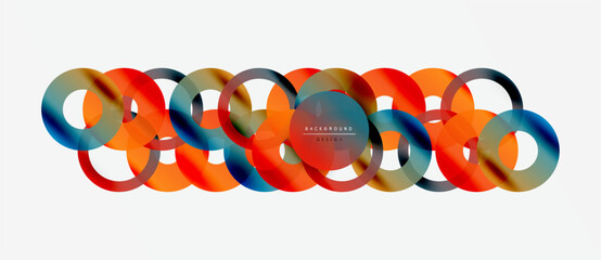 Abstract colorful circles overlap creating modern design. Gradient hues blend, forming dynamic visual texture. Simple, clean background.