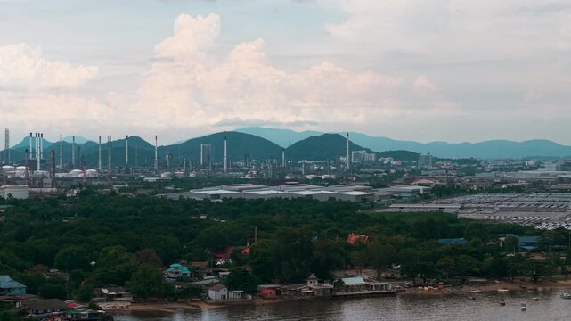 Aerial view shipping port boat with crane transport industry