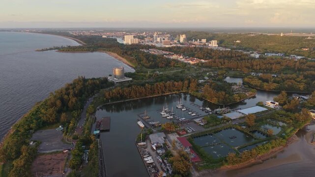 Miri Coastal Aerial Footage &ndash; Jeti Miri Marina and Park Miri, Sarawak, Malaysia